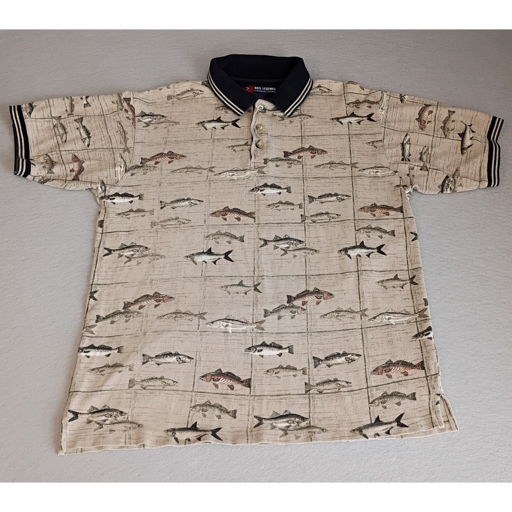 Reel Legends Performance Polo Shirt Men's Large Short‎ Sleeve Fishing Theme